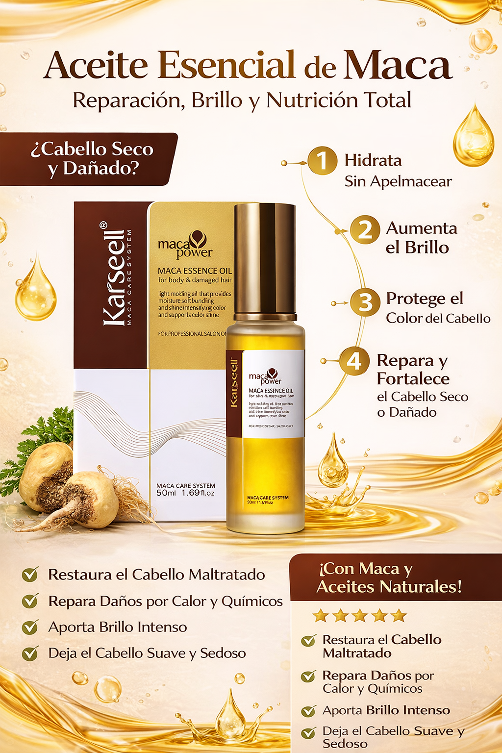 Aceite Esencial de Maca Reparador Intensivo para Cabello Seco y Dañado con Brillo Extremo y Nutrición Profunda