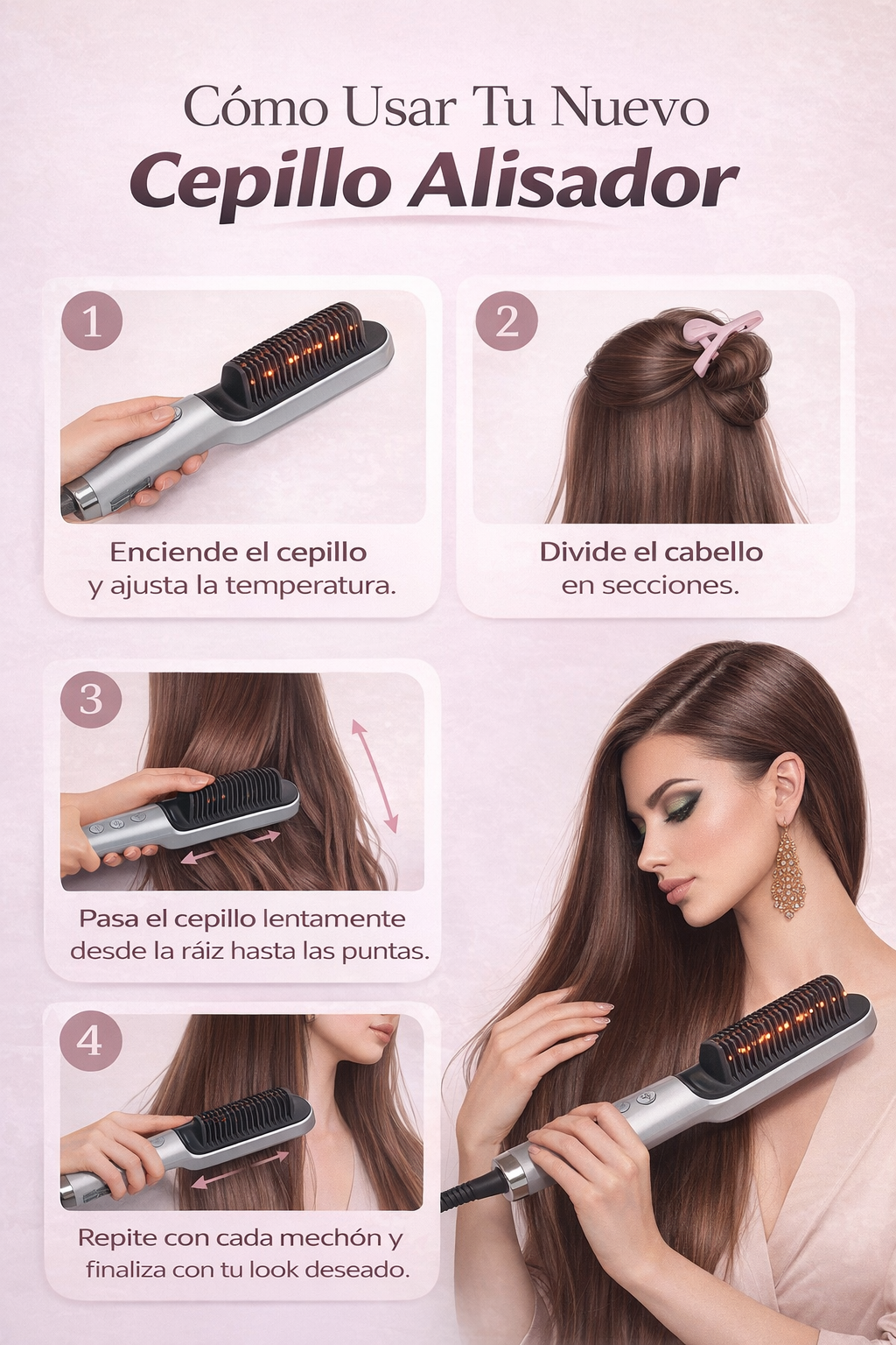 Cepillo alisador de cabello 2 en 1 con pantalla LED y temperatura de precisión